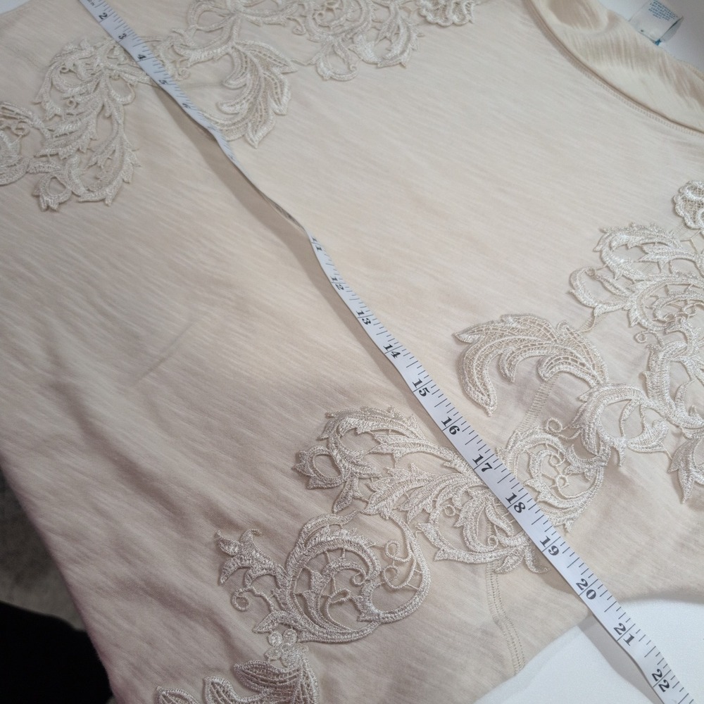 Sundance Cream Cotton Slub Lace Applique Long Sleeve Top Grey Cuffs Womens L - Picture 8 of 9